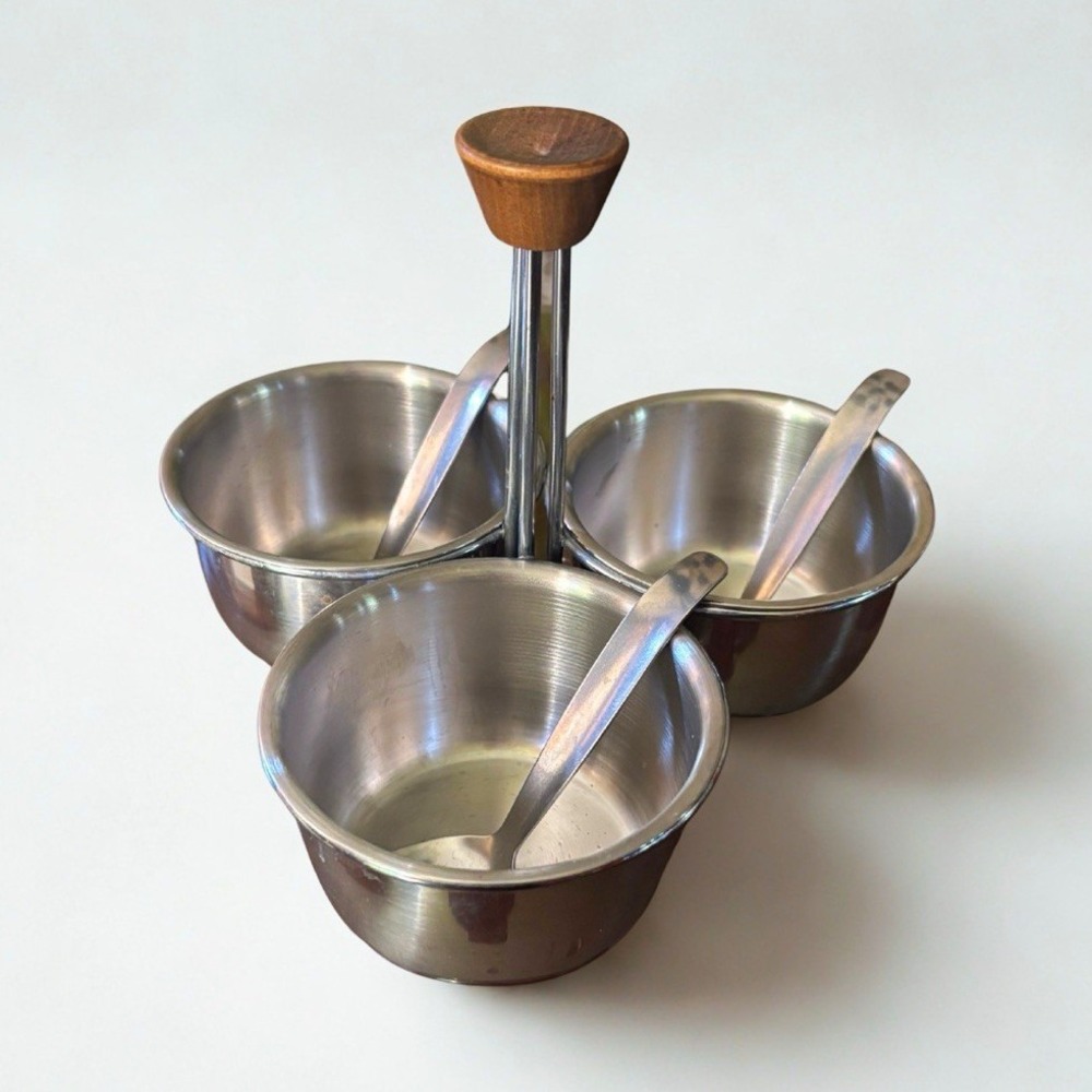 Vintage MCM Stainless Steel Triple Condiment Server Caddy 3 Bowls Spoons Wood